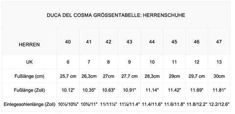 Duca Del Cosma Größentabelle für Herren